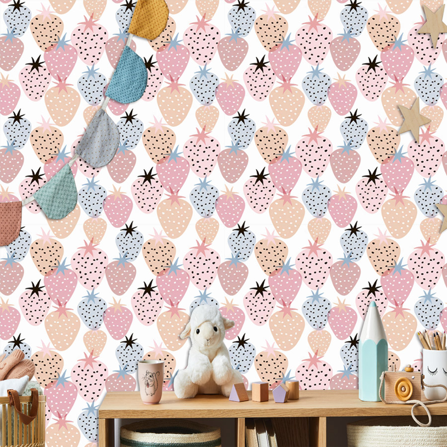 Baby Nursery Wallpaper Girl - ورق جدران بنمط الفراولة اللطيف للأطفال
