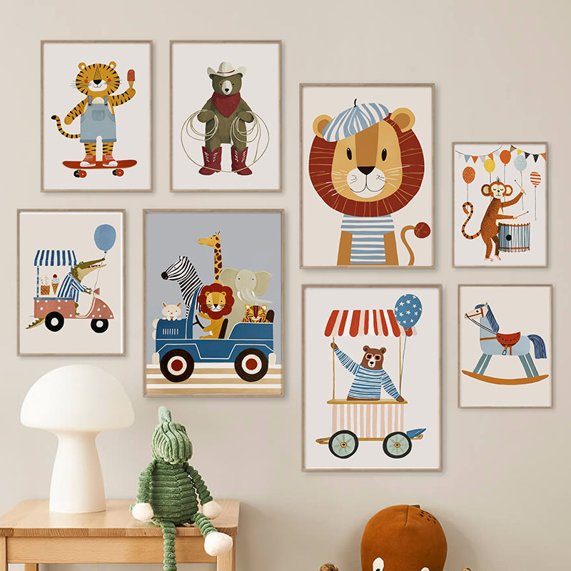 Baby Nursery Artwork - لوحات فنية كرتونية مضحكة لحيوانات وسيارات