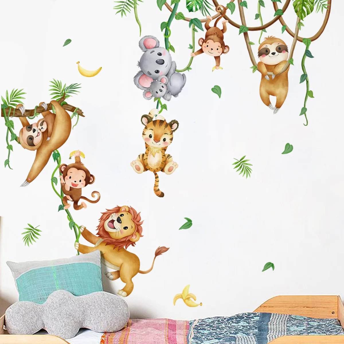Baby Nursery Wallpaper Girl - غابة الحيوان الأسد الكسل القرد فروع