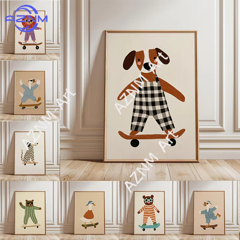 Baby Nursery Artwork - لوحة فنية مضحكة لحيوانات تمارس التزلج،
